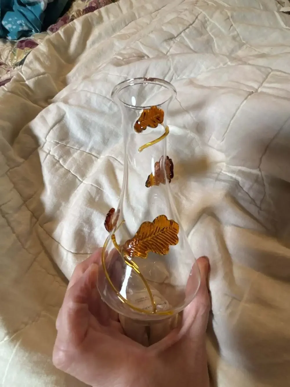 Anthropologie Glass Bud Vase with Applied Amber Gold Oak Leaf and Vine Accents